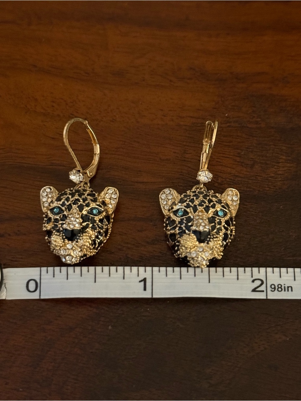 Gold Toned Leopard Head Drop Earrings with Bluish/Teal Eyes - Women Jewelry